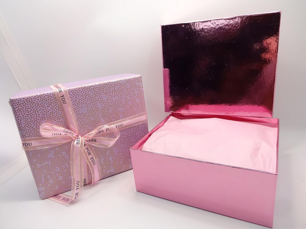 Pink gift box with a luxurious interior, lined with soft tissue wrapping