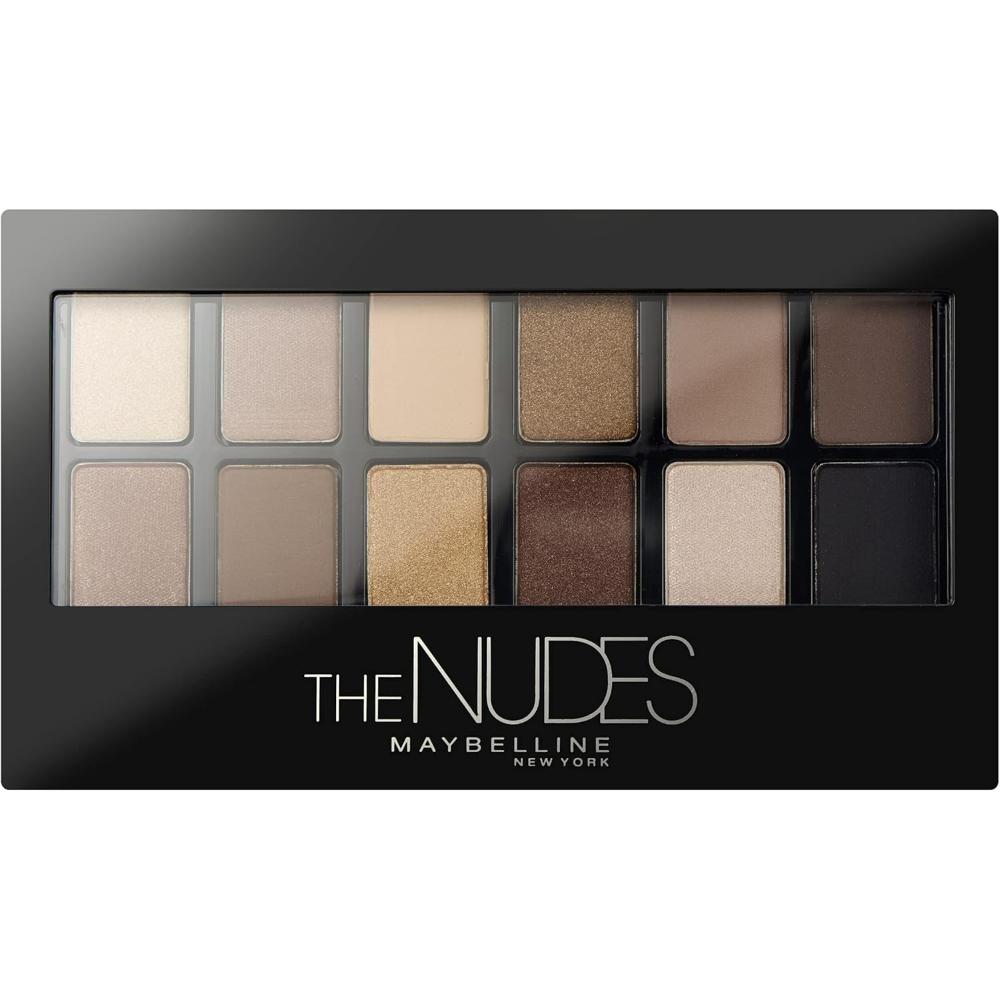 Maybelline The Nudes Eyeshadow Palette showing 12 nude and neutral shades in a sleek black compact.