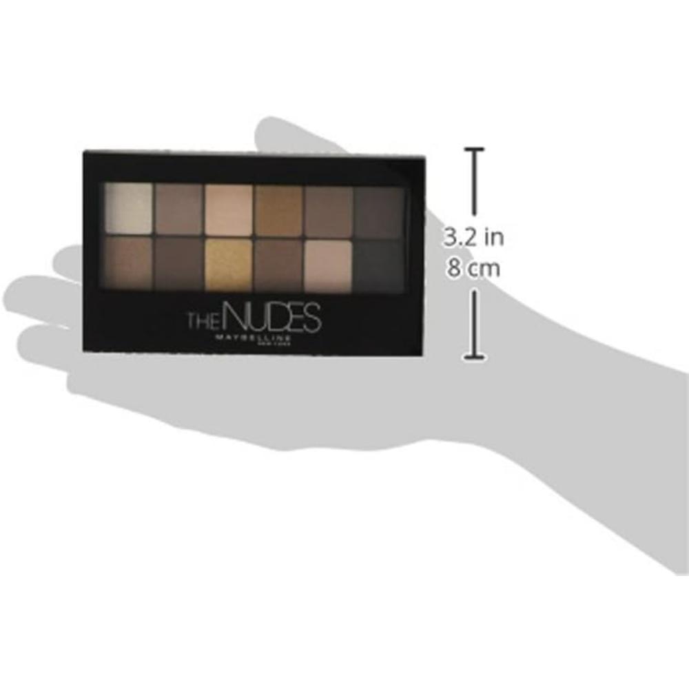 Maybelline The Nudes Eyeshadow Palette being held in hand to show size, 3.2 inches tall.