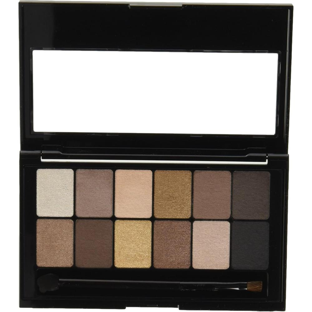 Maybelline The Nudes Eyeshadow Palette opened, revealing all 12 shades with an included applicator.