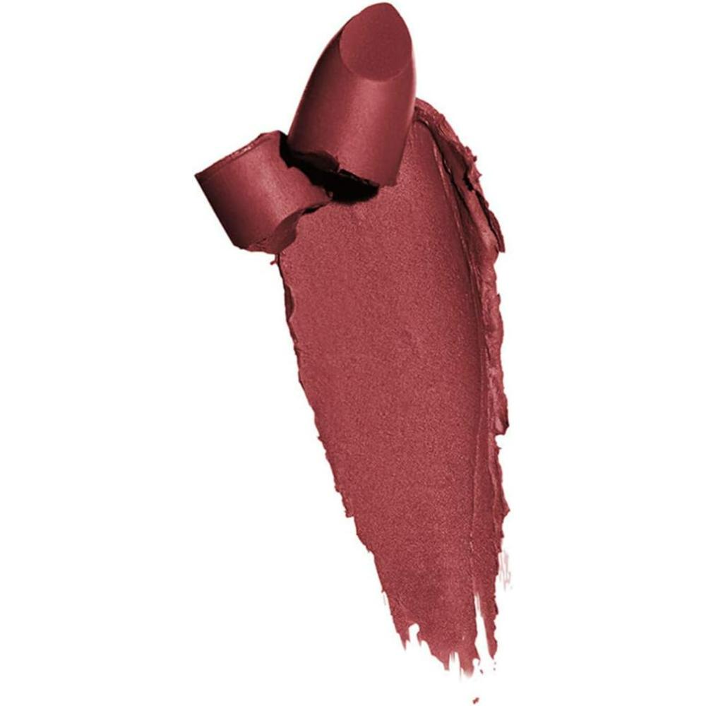 Maybelline 05 Cruel Ruby Powder Matte Lipstick swatch, showcasing a rich deep red color with a smooth matte finish on a white background