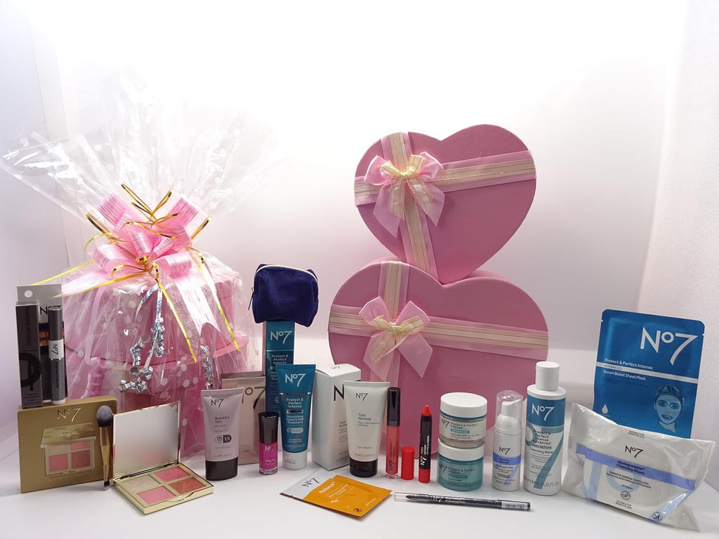 No7 Protect & Perfect Gift Hamper wrapped in pink polka-dot cellophane with a large pink bow