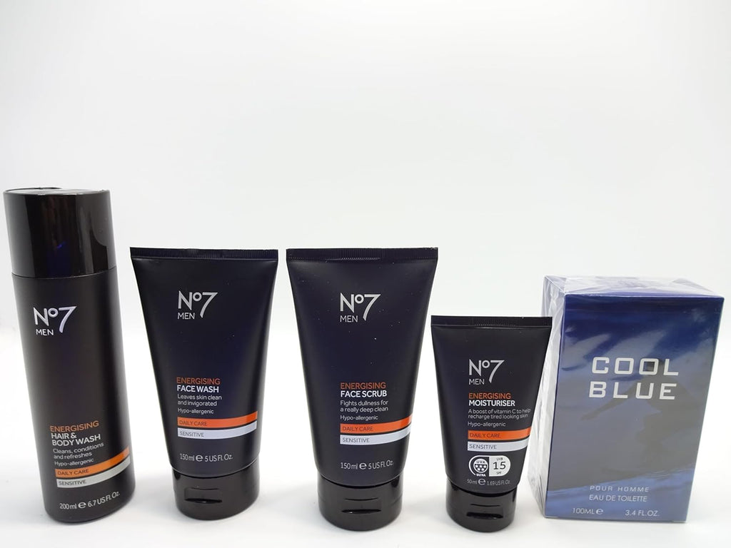 Flat lay of Cool Blue 100ml EDT perfume with full No7 men’s skincare range