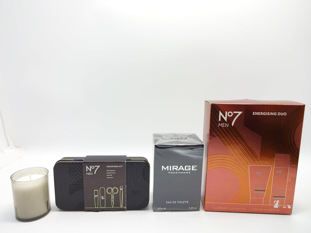 No7 Men Grooming Kit, Mirage EDT, and No7 Energising Duo set placed side by side with candle
