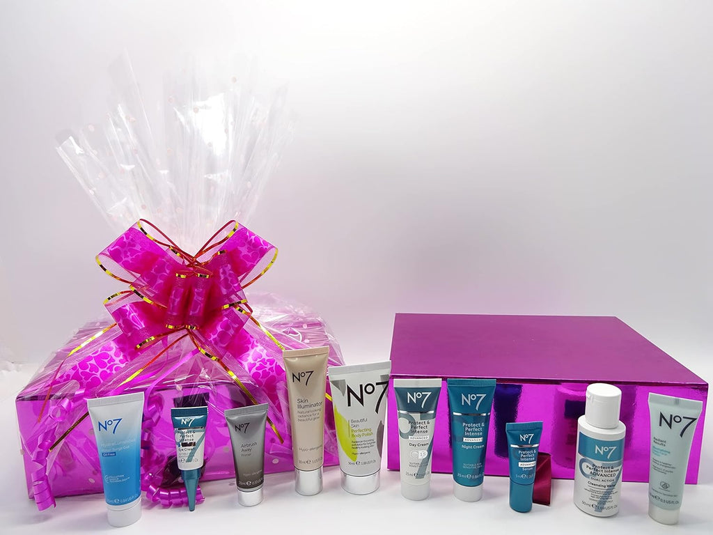 Complete No7 Skincare Collection and pink gift hamper beautifully wrapped with pink bow