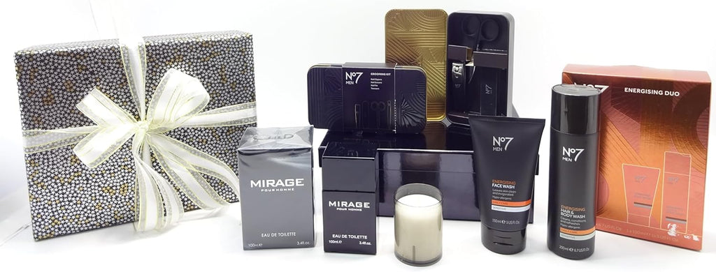 Full display of the No7 Men’s Father’s Day 2025 gift set with wrapped box, bow, and unboxed items