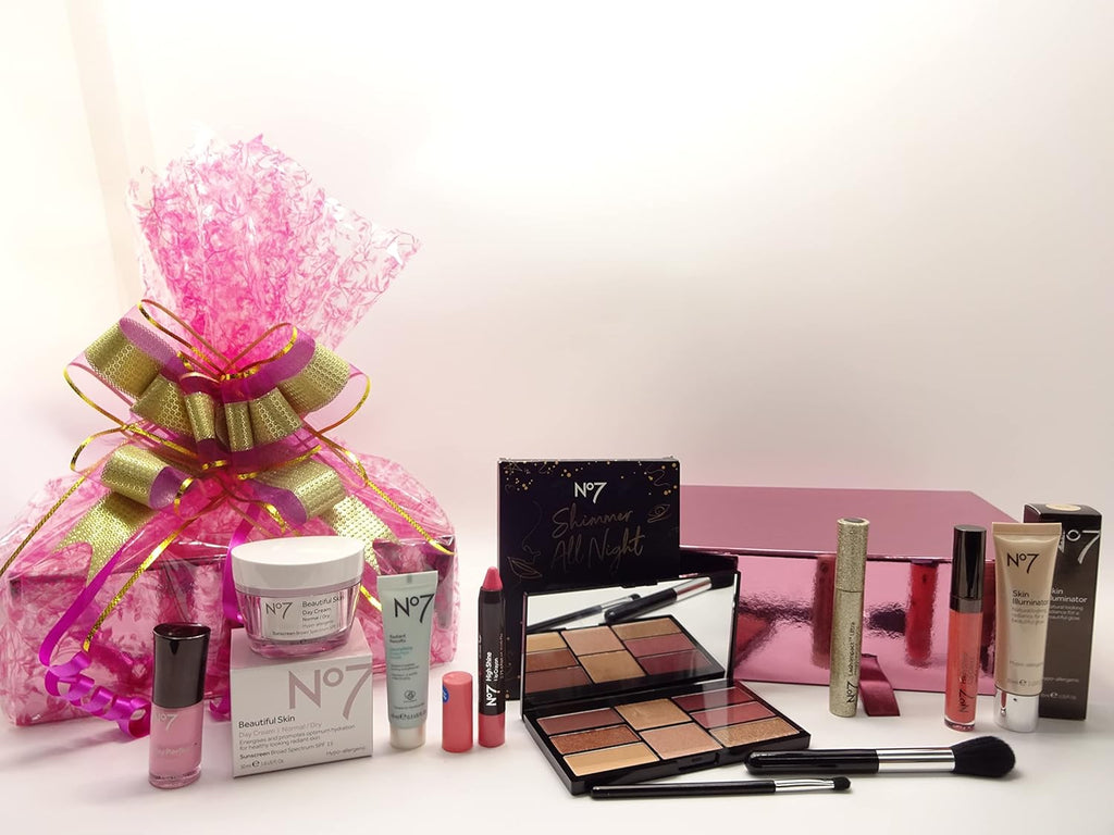 Unwrapped No7 Limited Edition Skincare & Makeup Gift Box showing premium No7 products and pink packaging.