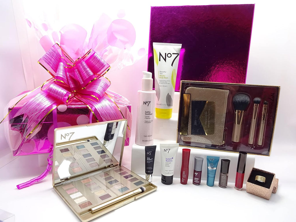 No7 Limited Edition Gift Hamper, a full beauty collection with a pink ribbon.