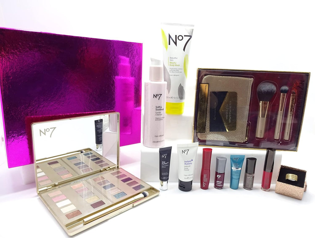 The No7 gift hamper unwrapped, showcasing a collection of beauty products, including makeup and skincare.