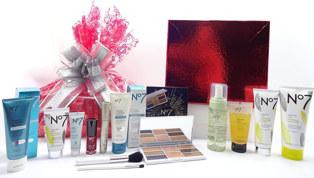 No7 Limited Edition Skincare & Makeup bundle in a red gift-wrapped box with silver ribbon.