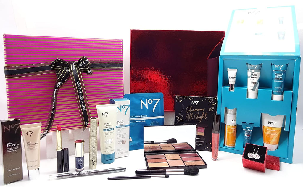 No7 Luxury Beauty Blockbuster Youthful Collection Skincare & Makeup Gift Box with Free Crystal Ring, full set display