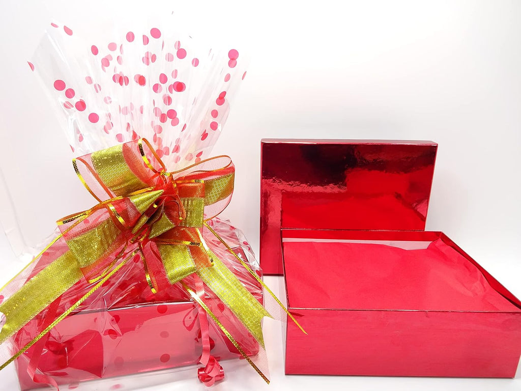 Red luxury gift box with gold and red ribbon, perfectly wrapped for a stunning presentation.