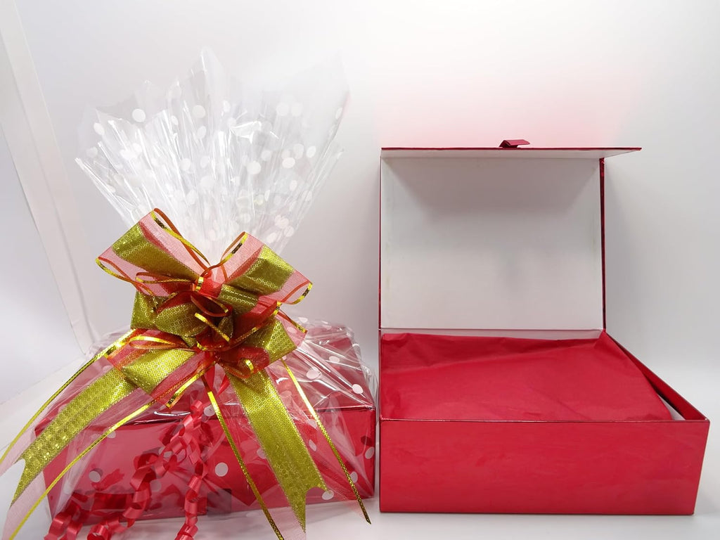 Interior view of the No7 gift set showing elegant packaging with red wrapping.