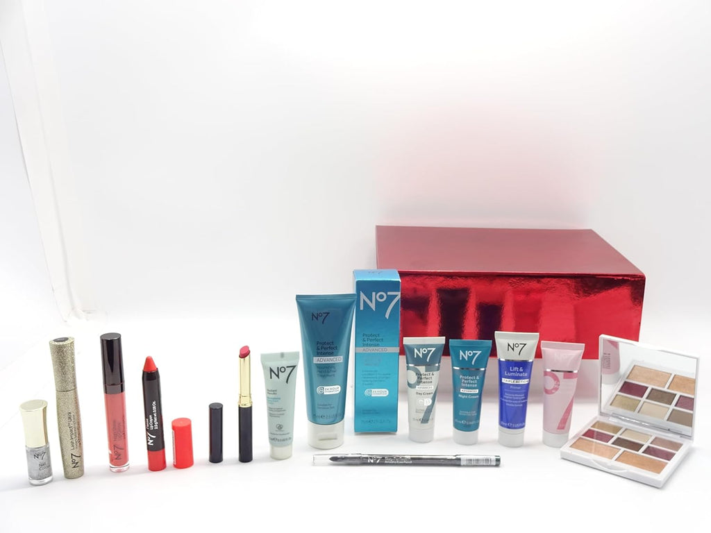 Full display of No7 products included in the luxury beauty bundle.