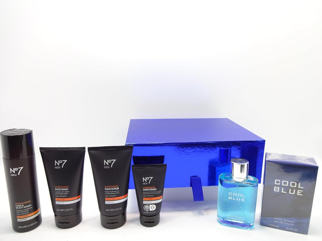 Complete contents of the No7 Men gift set with Cool Blue perfume, shown with a glossy blue box