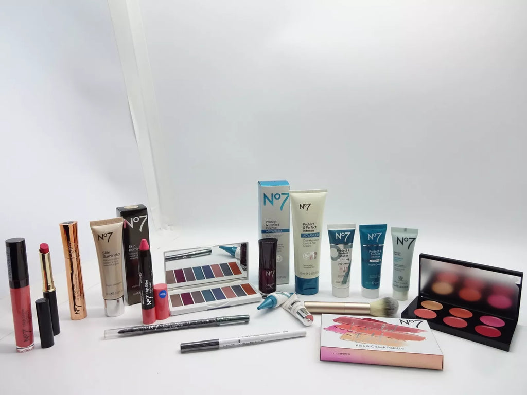 No7 skincare and makeup bundle with 16 pieces, including eye shadow palette, lipsticks, and skin illuminator tubes displayed.