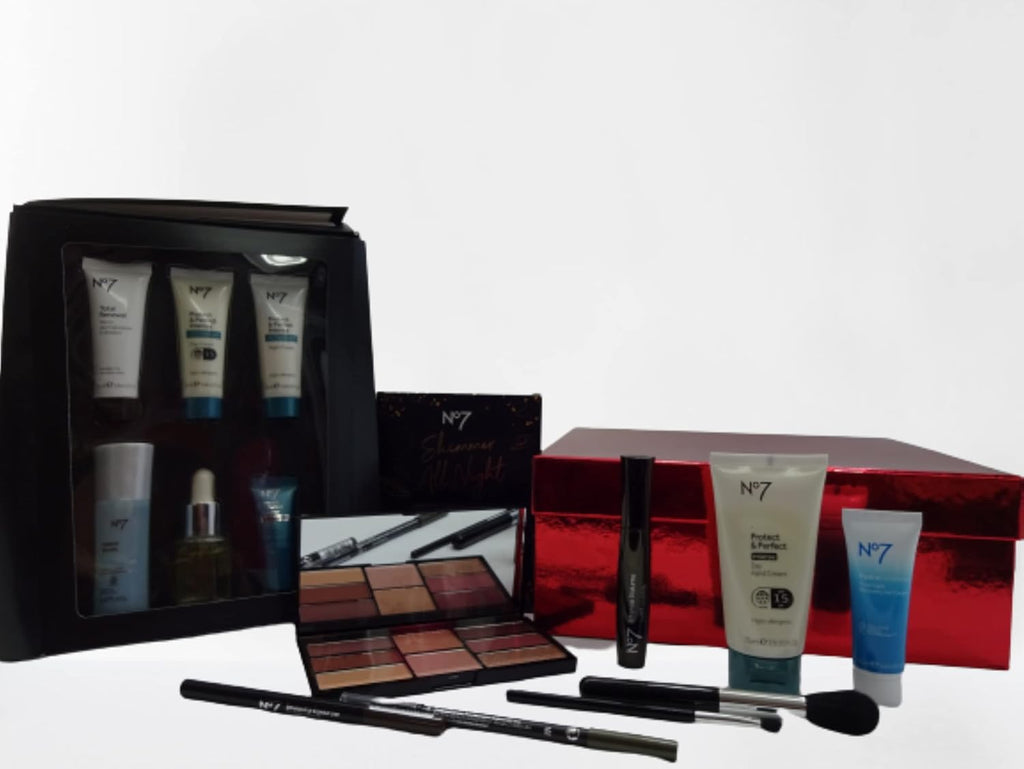 Contents of No7 Skincare & Make Up Collection Gift Hamper arranged for display, showcasing skincare and makeup essentials