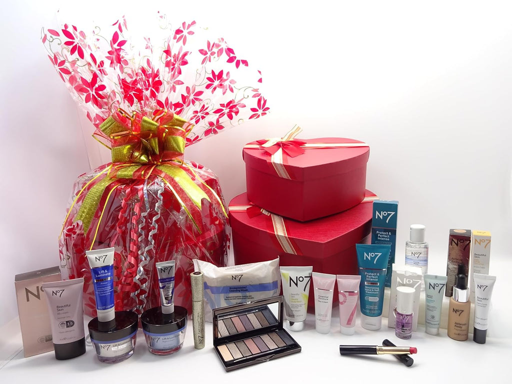 No7 The Blockbuster Collection Skincare and Makeup Gift Hamper elegantly wrapped in festive red and gold ribbon.