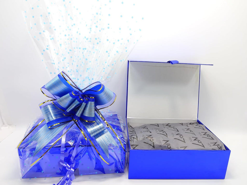 Open blue hamper box featuring No7 branded tissue wrapping inside