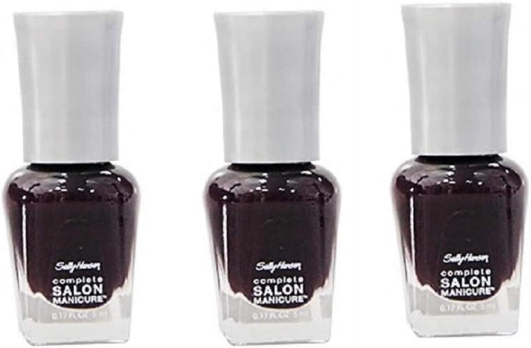 Sally Hansen Complete Salon Manicure 660 Pat on the Black 3-piece mini nail polish set with sleek glass bottles and silver caps in a deep plum-black shade