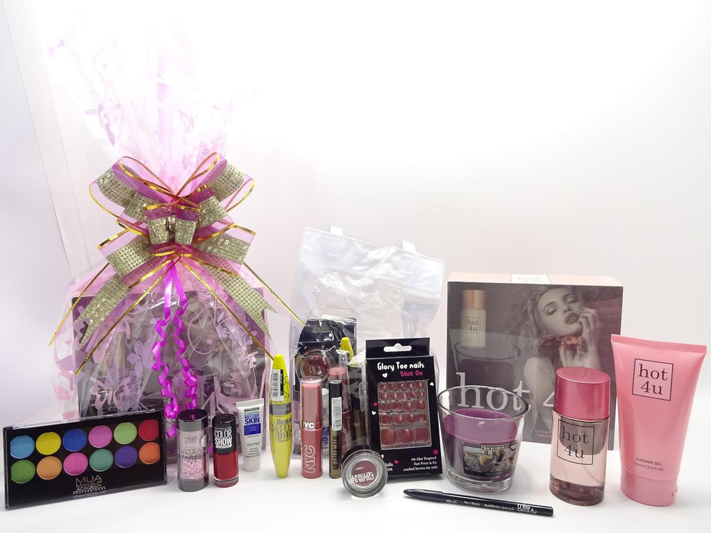 Perfume and makeup gift hamper for ladies with Hot 4u EDP and various makeup products displayed at the front.