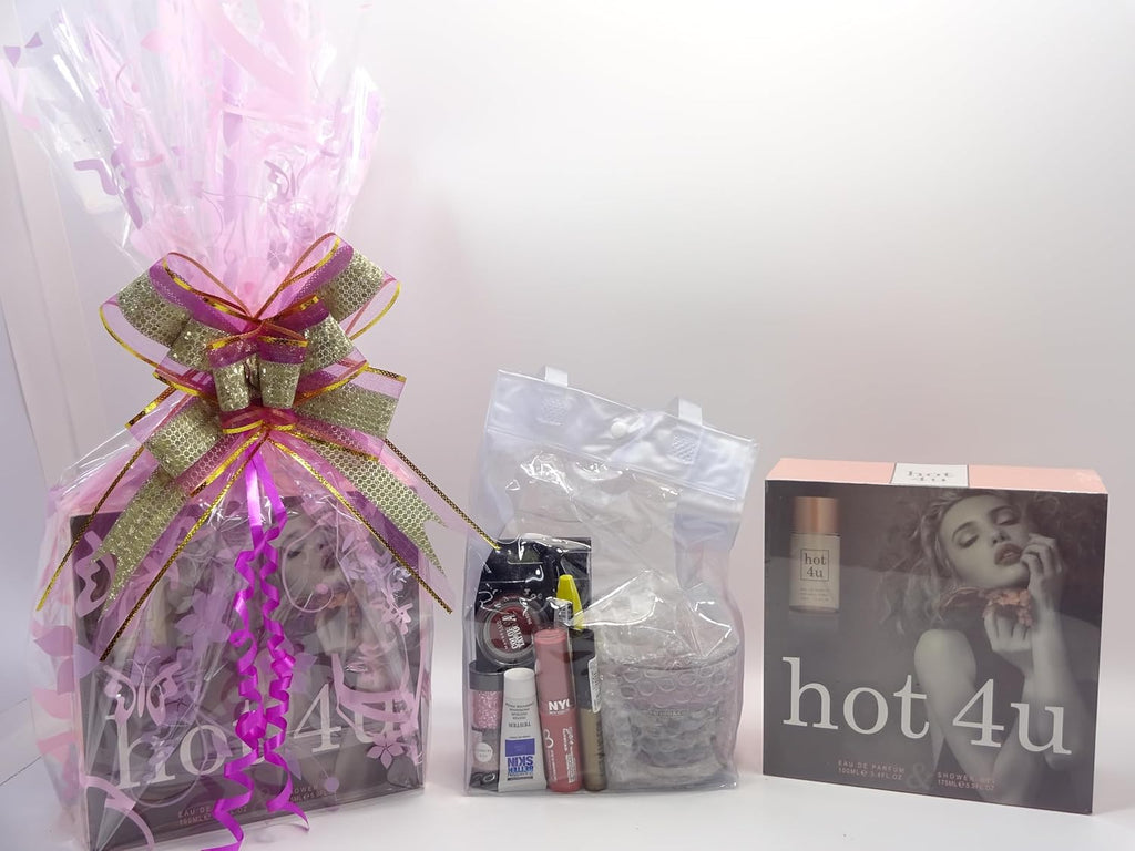 Side view of the Hot 4u perfume and makeup gift hamper with decorative wrapping.