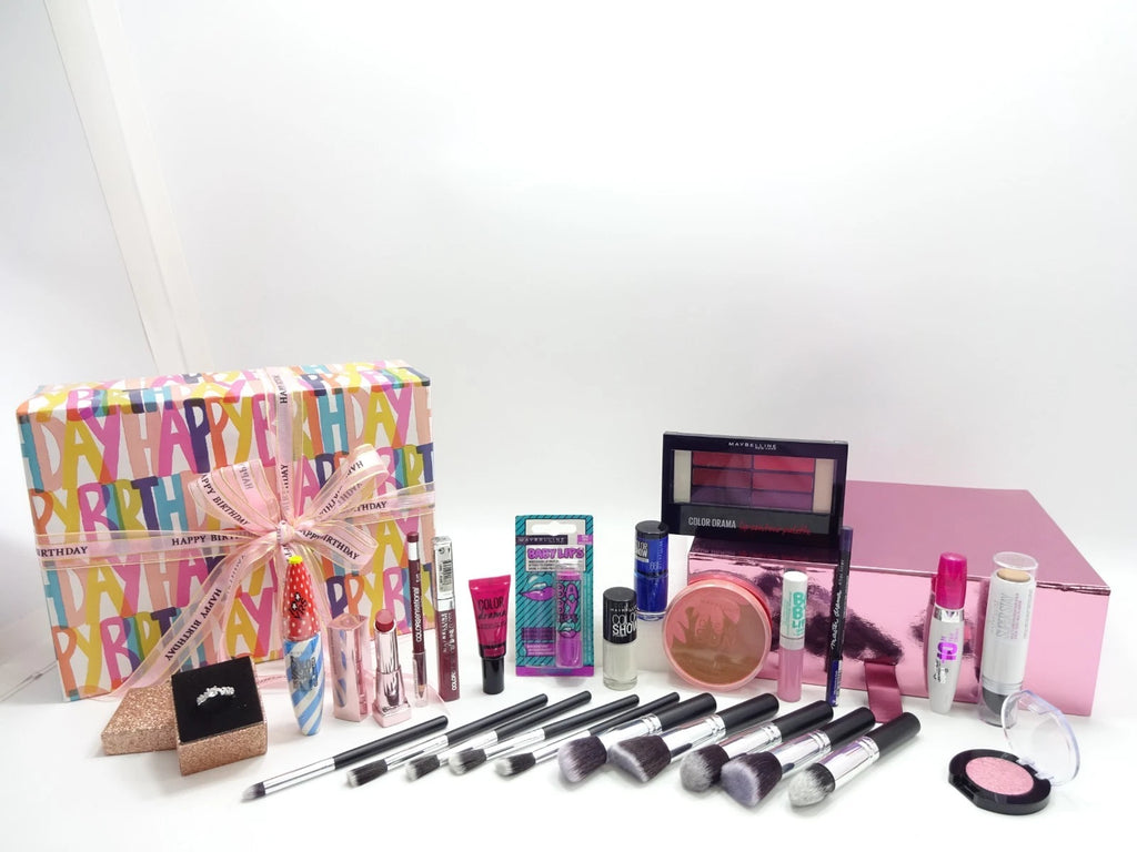 Maybelline Happy Birthday 15pc Makeup Gift Set for Women with pink birthday box and ribbon