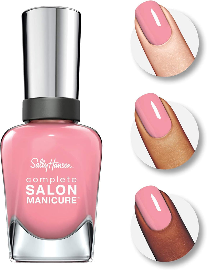 Close-up swatches of Sally Hansen 837 Primrose & Proper soft pink nail polish applied on different skin tones for versatile wear