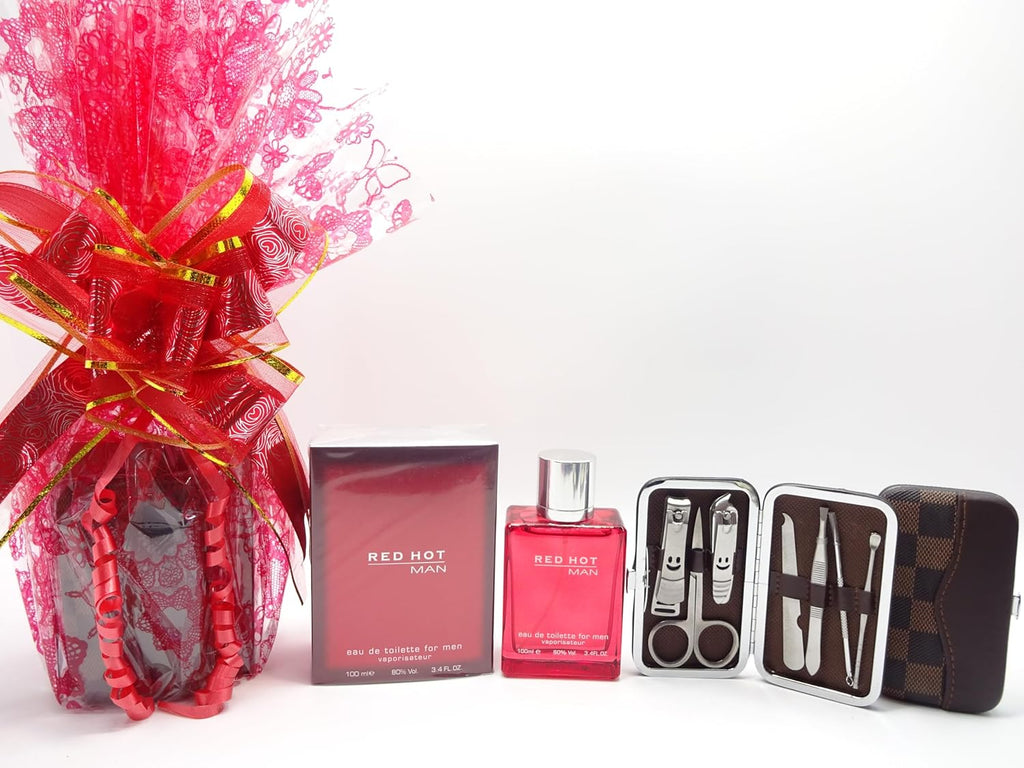 Red Hot Man 100ml perfume and manicure tool set wrapped with red and gold ribbon