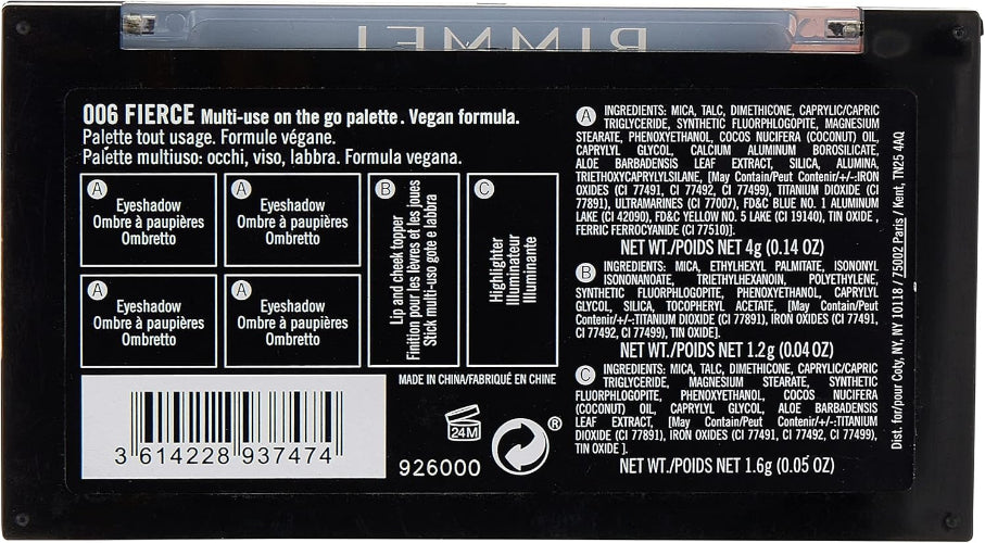 Back view of Rimmel London Mini Power Palette 006 Fierce showing ingredients, shade details, and product info