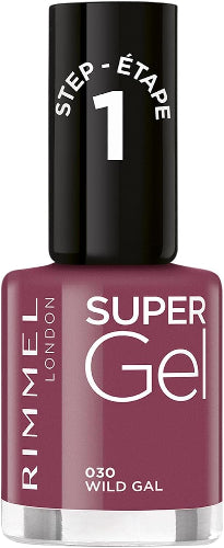 Close-up of Rimmel 030 Wild Gal Super Gel Nail Polish bottle showcasing bold mauve tone
