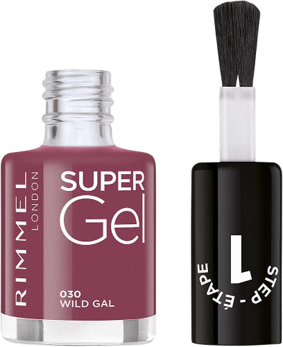 Open bottle of Rimmel 030 Wild Gal Super Gel Nail Polish with applicator brush showing rich mauve color