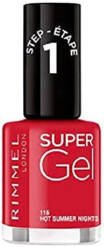 Rimmel 115 Hot Summer Nights Super Gel Nail Polish in a bold classic red with glossy gel-like finish