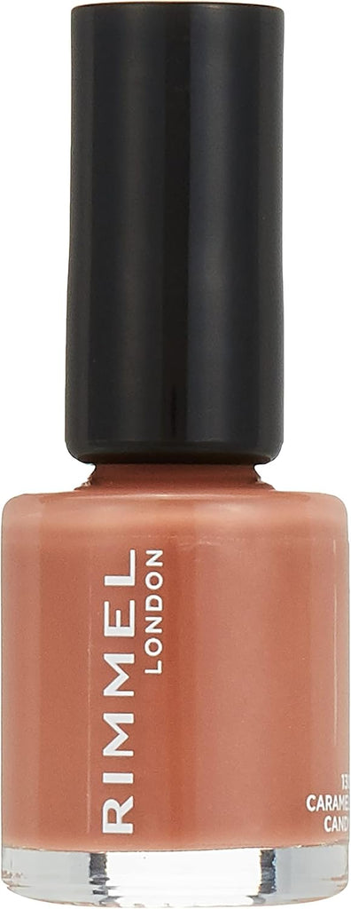Rimmel 130 Caramel Candy 60 Seconds Super Shine Nail Polish closed bottle showing caramel nude shade with black cap