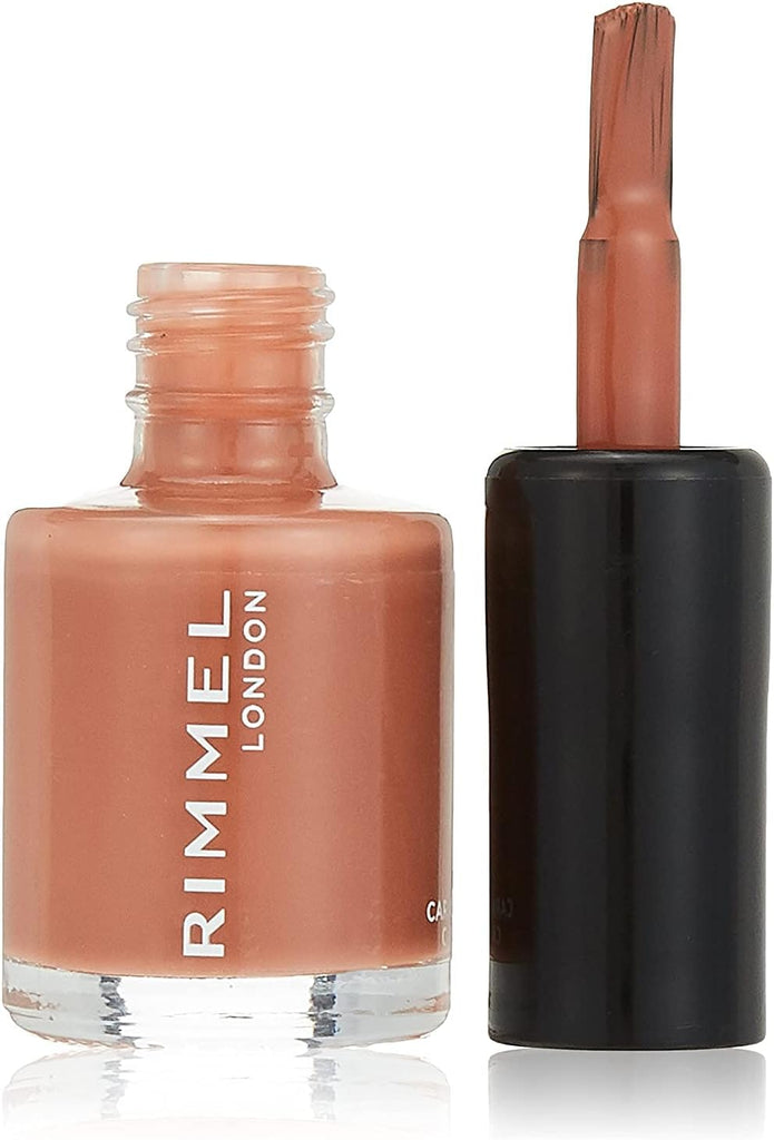 Rimmel 130 Caramel Candy 60 Seconds Super Shine Nail Polish bottle open with brush showing warm caramel nude shade