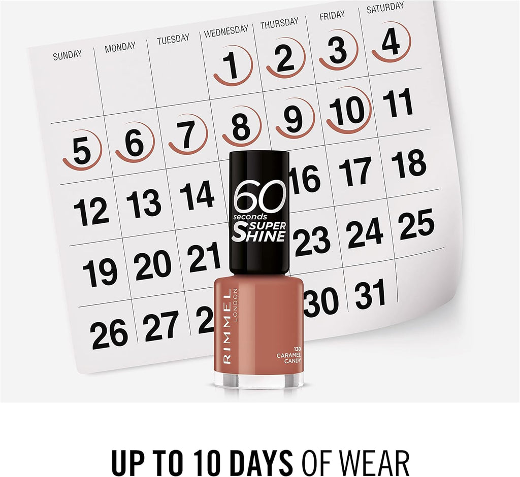 Rimmel 130 Caramel Candy 60 Seconds Super Shine Nail Polish long lasting up to 10 days wear illustrated with calendar