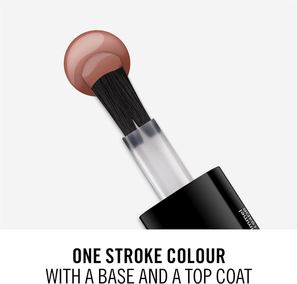 Rimmel 130 Caramel Candy 60 Seconds Super Shine Nail Polish one stroke brush showing caramel nude shade