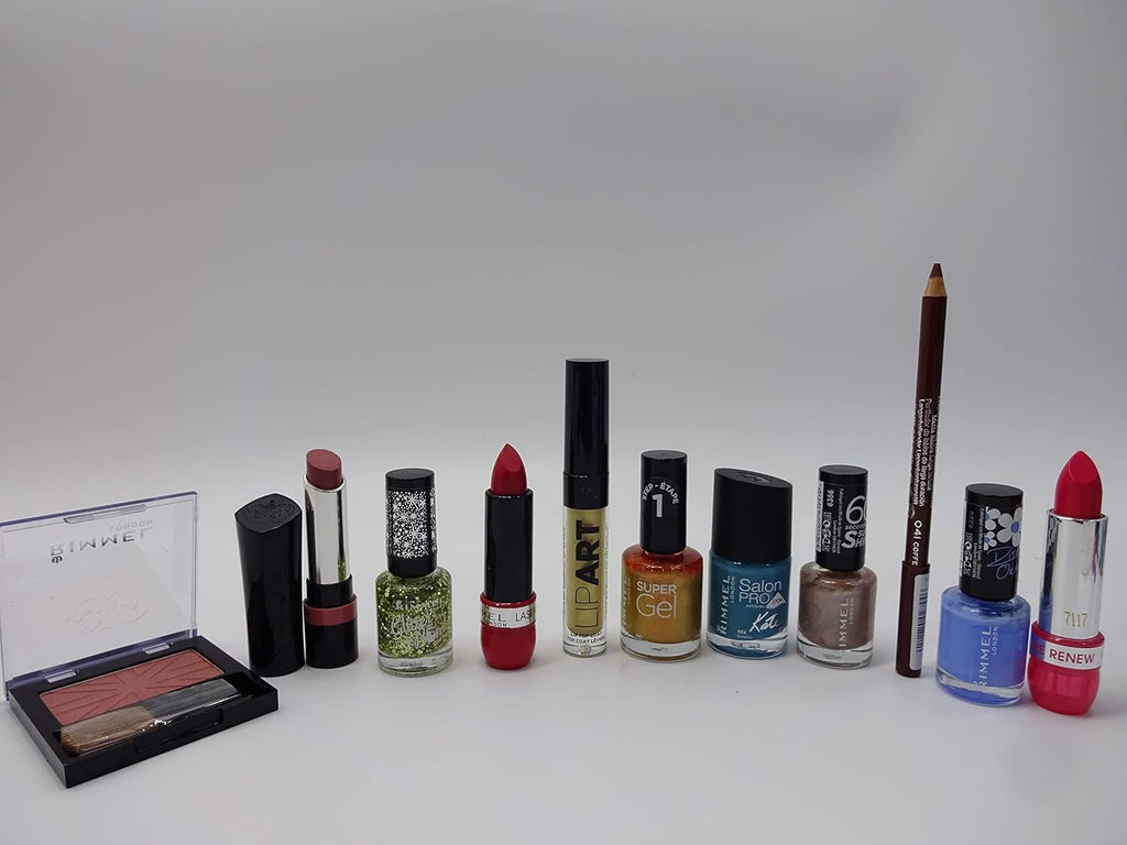 Close-up of the Rimmel London 13-piece gift box with products displayed neatly