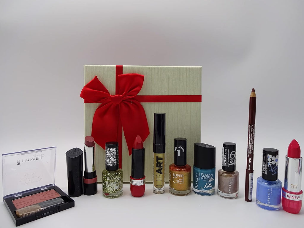 Front view of the Rimmel London 13-piece makeup gift box with products displayed