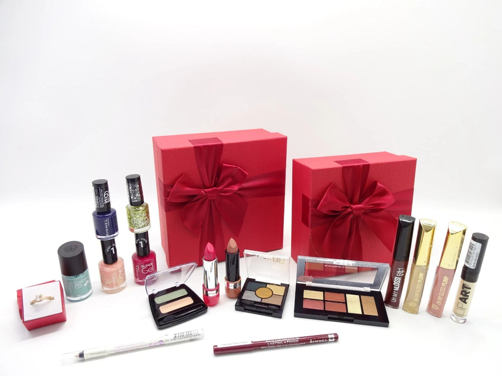 Rimmel London 2 tier luxury beauty gift hamper in red boxes with matching red bows