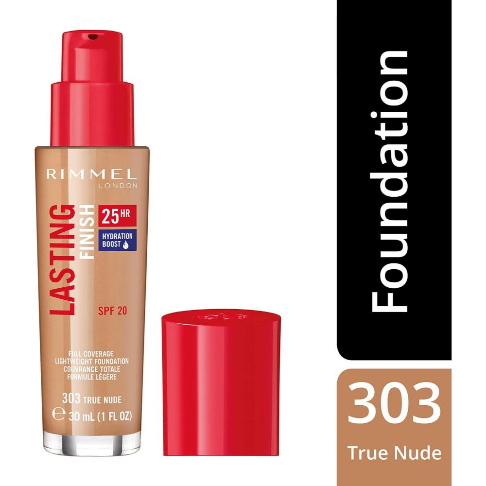 Rimmel 303 True Nude Lasting Finish 25 Hour Foundation with the cap off, SPF 20 and full coverage