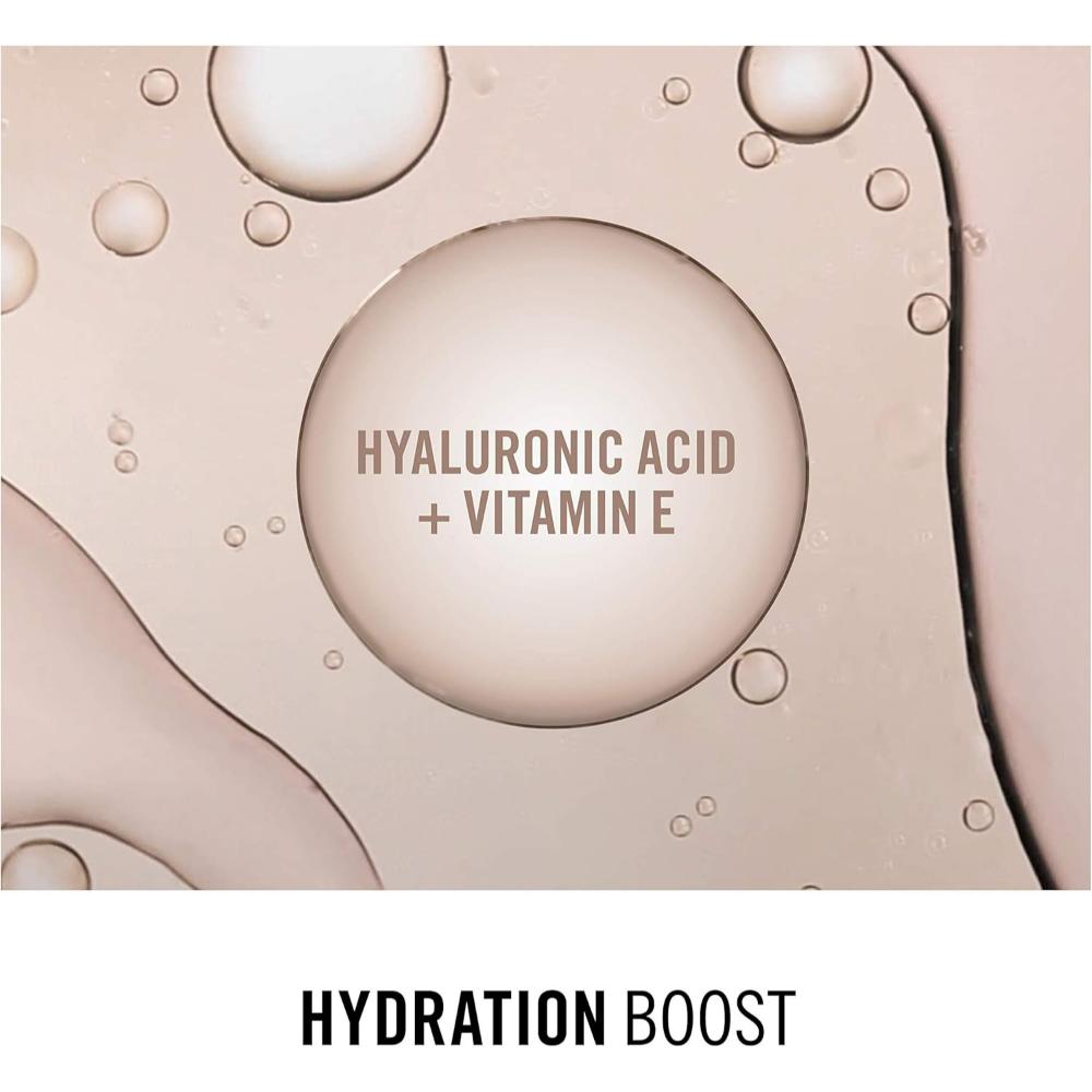 Close-up image showing hyaluronic acid and vitamin E hydration boost in Rimmel 303 True Nude Foundation