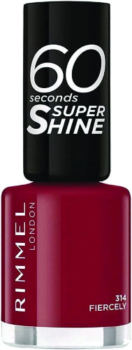 Rimmel 314 Fiercely 60 Seconds Super Shine Nail Polish bottle in deep berry red shade with black cap