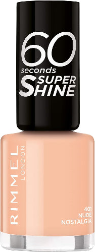 Rimmel 60 Seconds Super Shine Nail Polish shade 401 Nude Nostalgia – soft peachy nude tone in an 8ml bottle