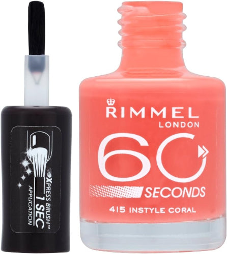 Open bottle of Rimmel 415 Instyle Coral 60 Seconds Nail Polish with precision brush applicator
