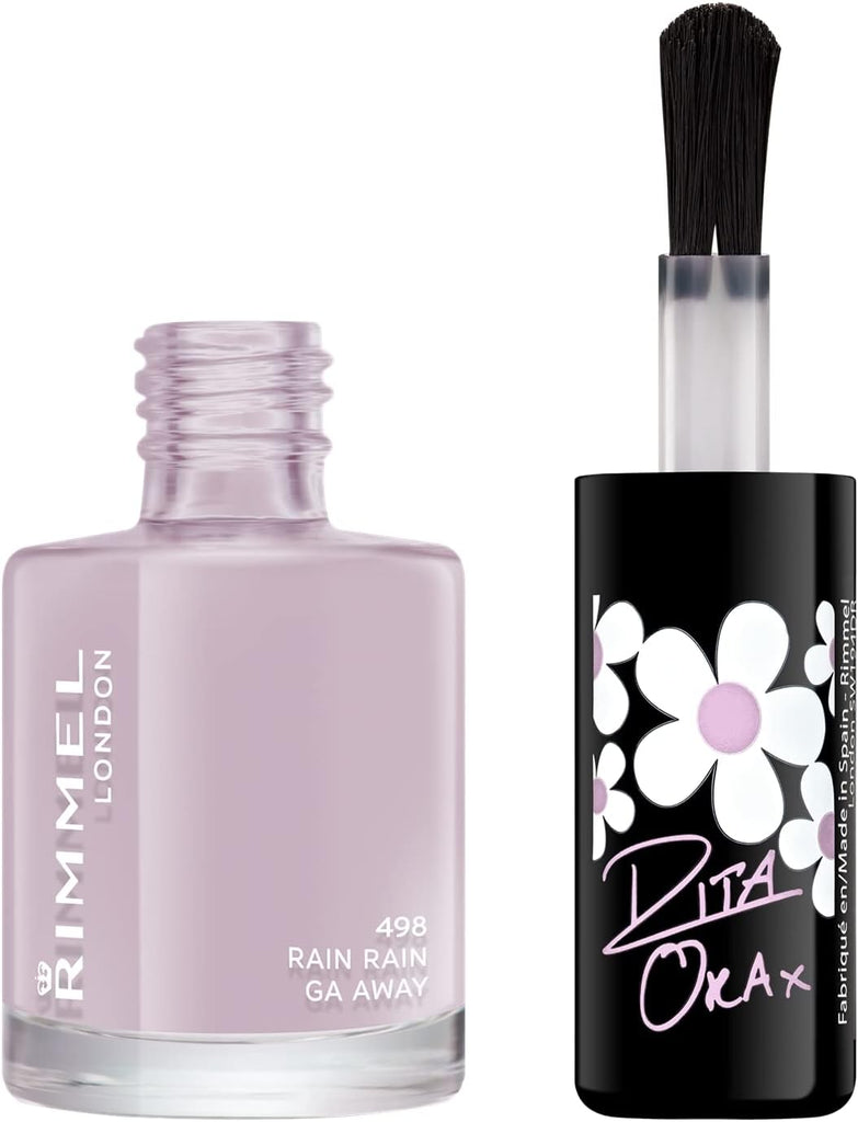 Open Rimmel 60 Seconds Nail Polish 498 Rain Rain Go Away showing applicator brush and pastel lavender polish