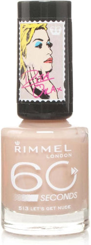 Rimmel 513 Let’s Get Nude 60 Seconds Nail Polish by Rita Ora Collection bottle showing soft beige nude shade