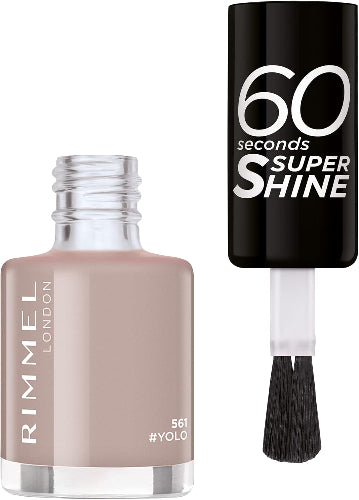 Rimmel 561 YOLO 60 Seconds Super Shine Nail Polish in soft nude beige shade with glossy finish, 8ml