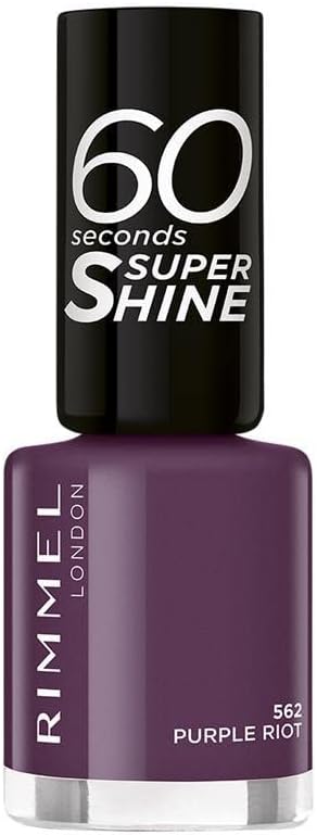 Front view of Rimmel 562 Purple Riot 60 Seconds Super Shine Nail Polish in plum purple