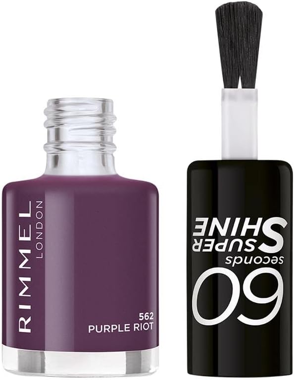 Rimmel 562 Purple Riot 60 Seconds Super Shine Nail Polish open bottle with brush applicator
